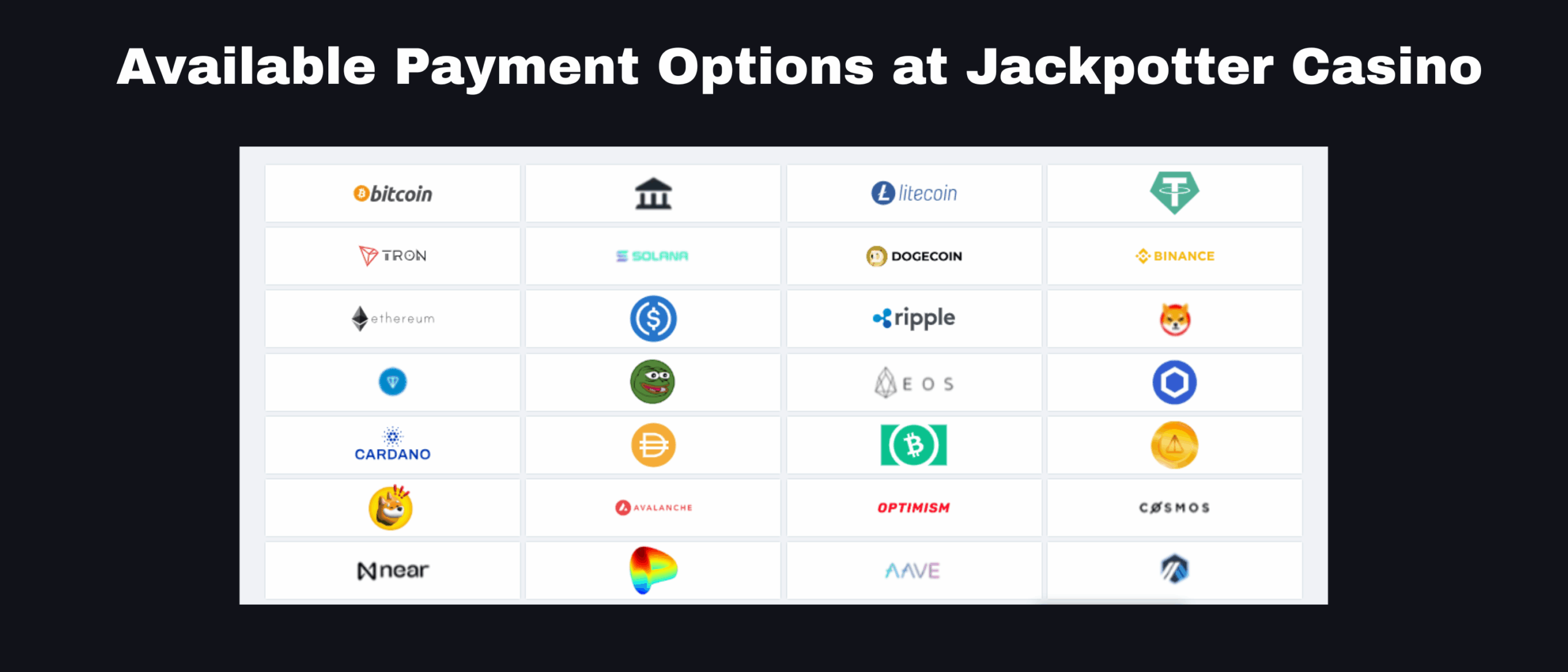 Available payment options at Jackpotter Casino.